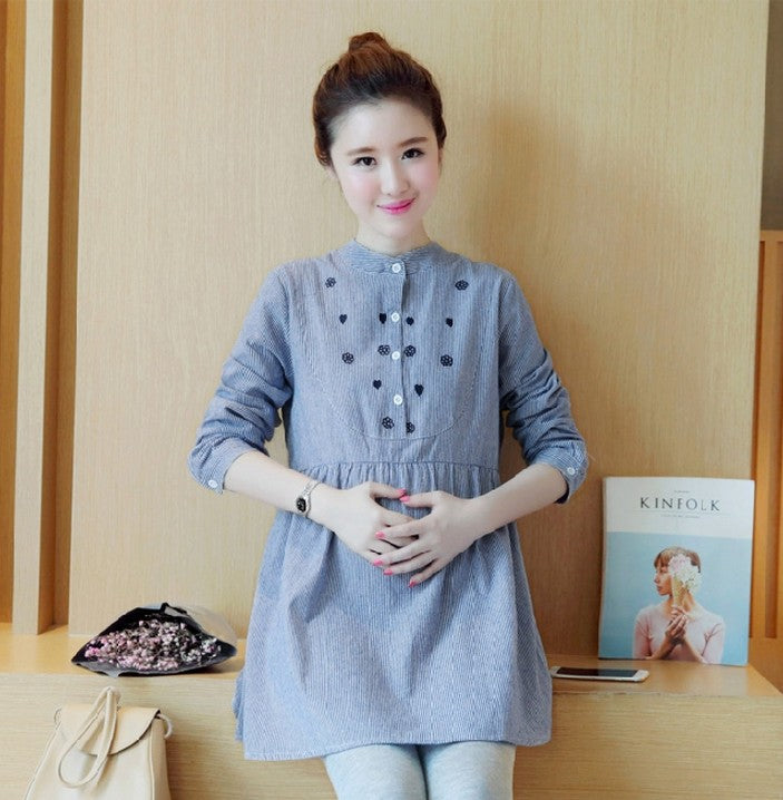 Striped Embroidered Maternity Top Stand Collar Dress