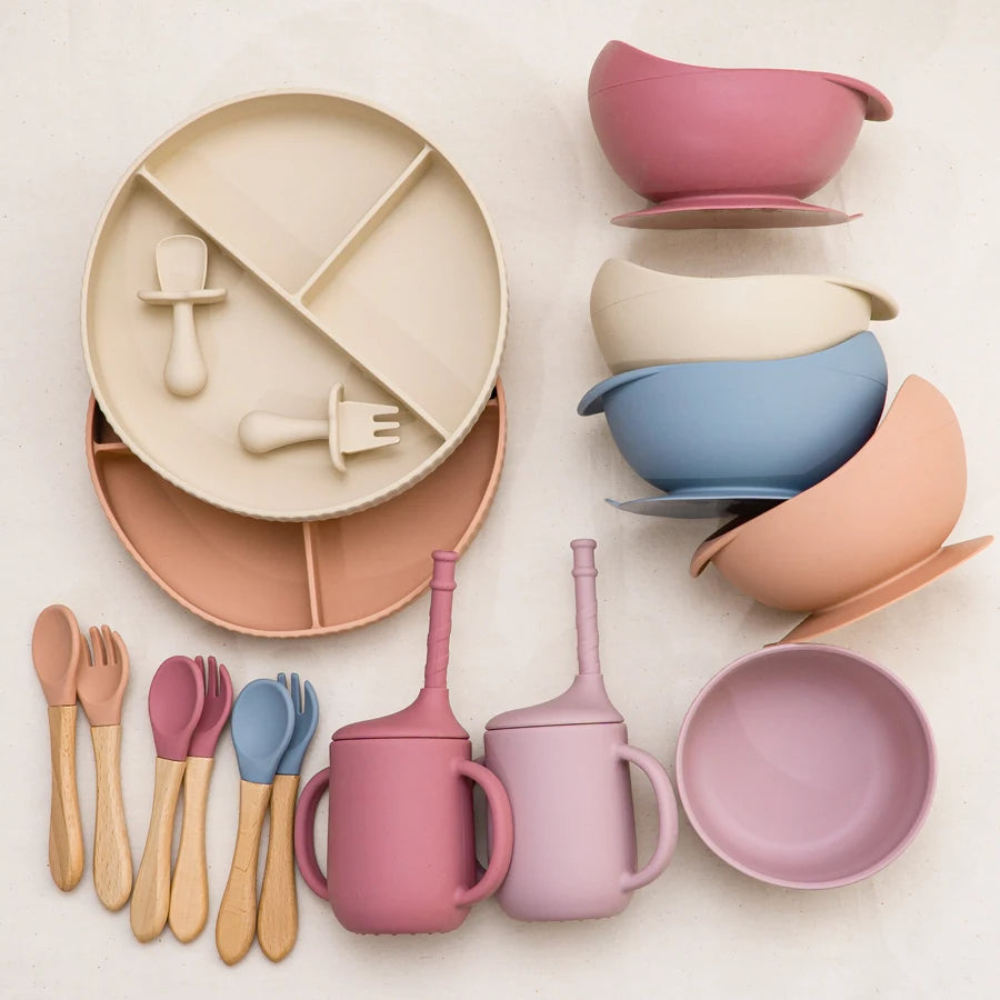 Silicone Baby Feeding Tableware Set Suction Bowl Plate Cup
