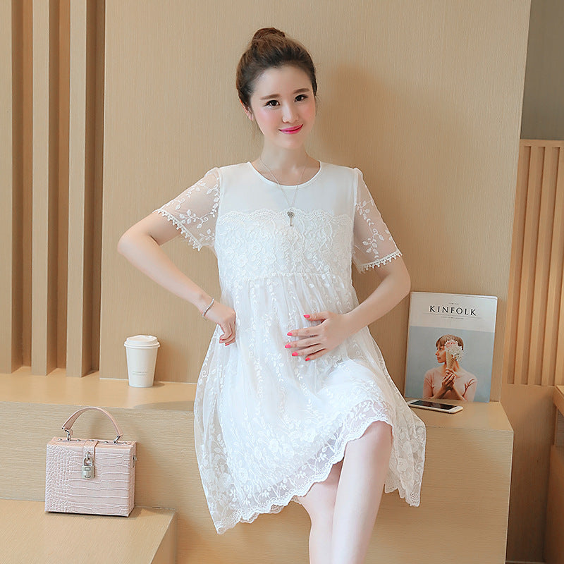 Korean Lace Crochet Maternity Dress Summer Long Pregnancy Dress