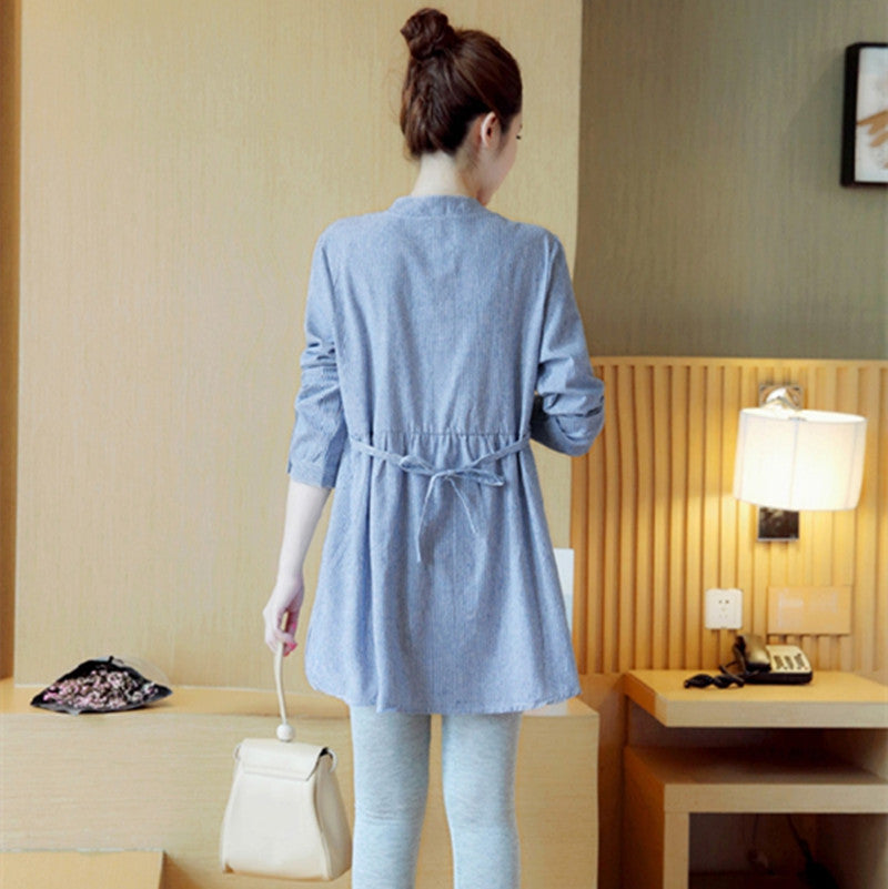 Striped Embroidered Maternity Top Stand Collar Dress