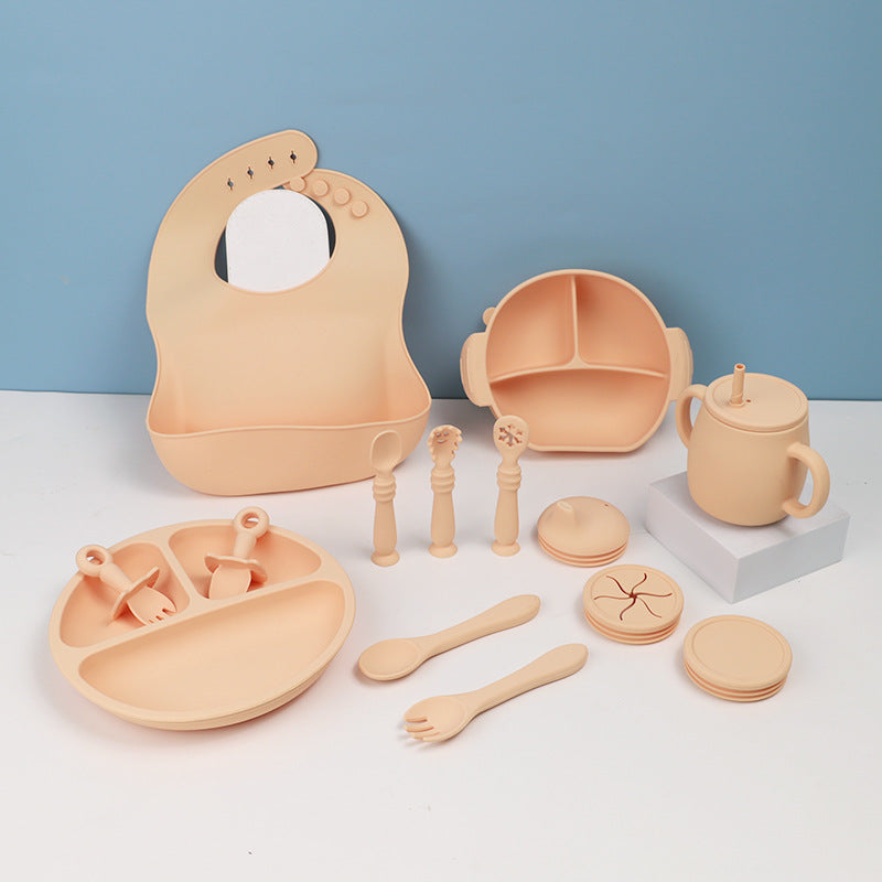 15 Piece Silicone Baby Feeding Tableware Set Bib Bowl Spoon Plate