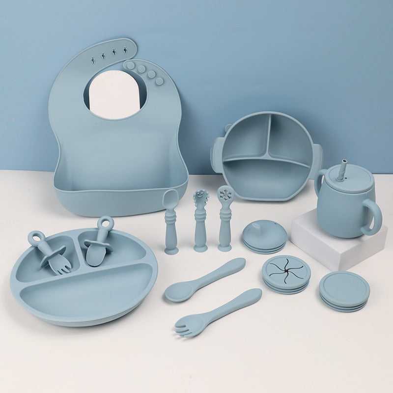 15 Piece Silicone Baby Feeding Tableware Set Bib Bowl Spoon Plate