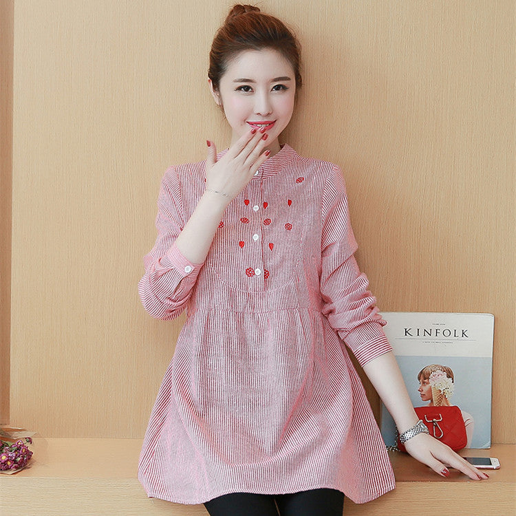 Striped Embroidered Maternity Top Stand Collar Dress