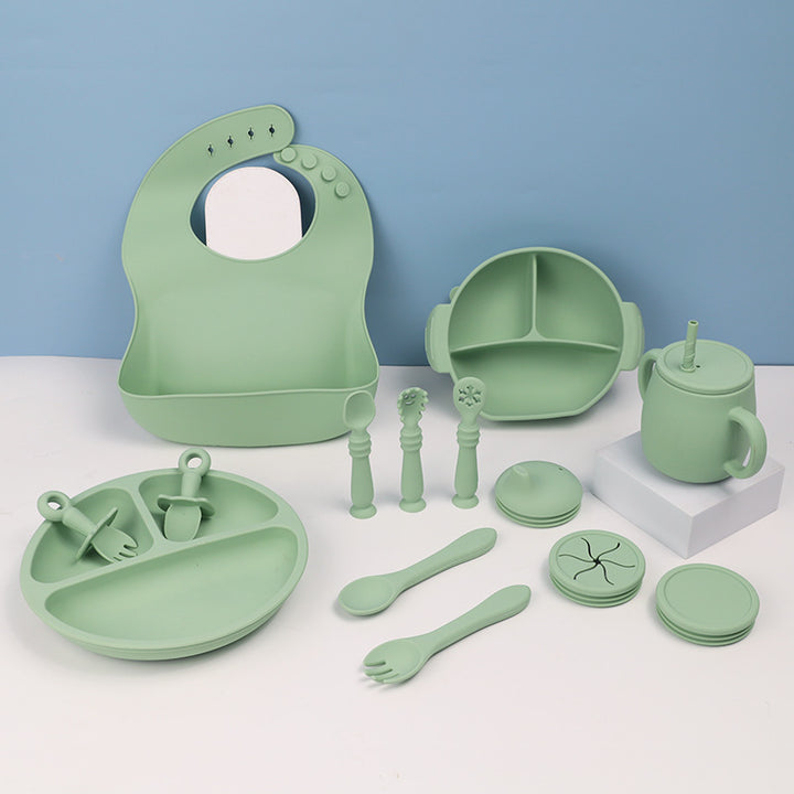 15 Piece Silicone Baby Feeding Tableware Set Bib Bowl Spoon Plate
