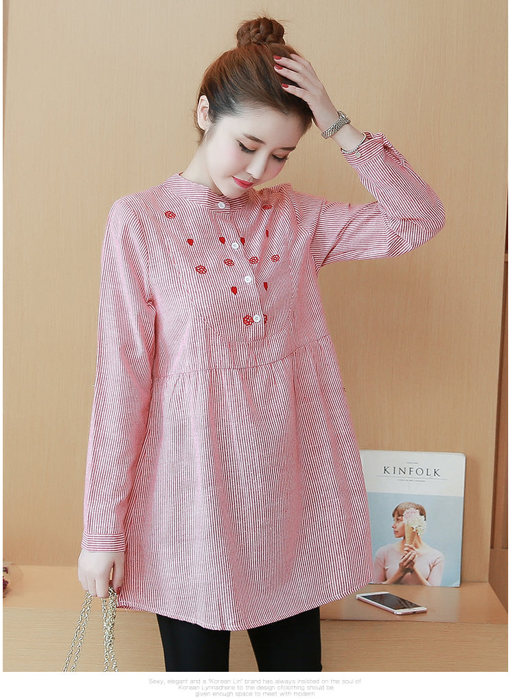 Striped Embroidered Maternity Top Stand Collar Dress