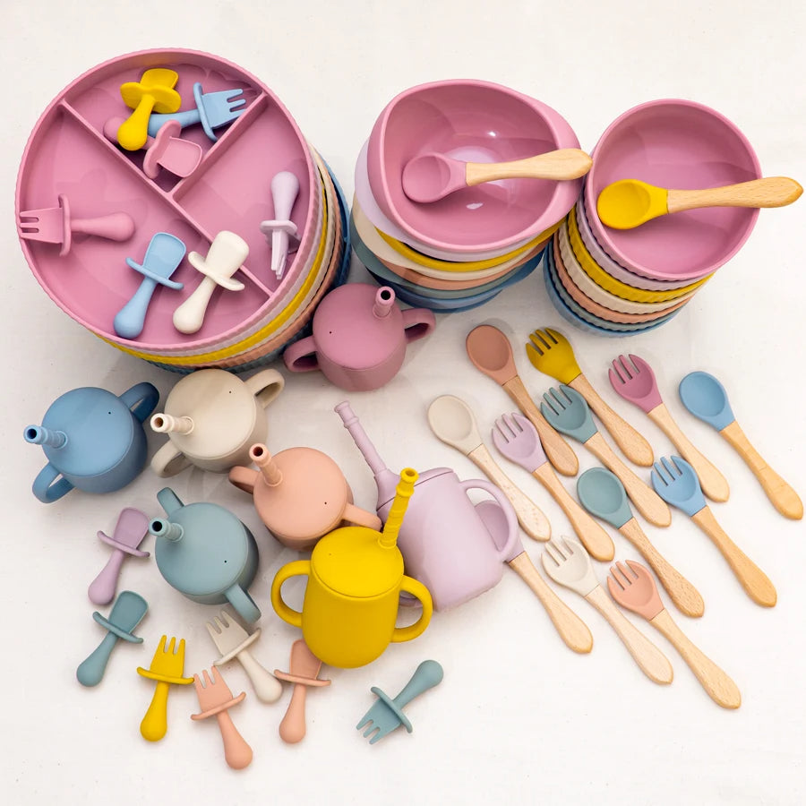 Silicone Baby Feeding Tableware Set Suction Bowl Plate Cup